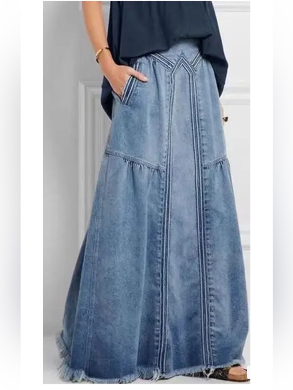 ShopEvelynne Blue Denim Maxi Skirt with Panel Stitching